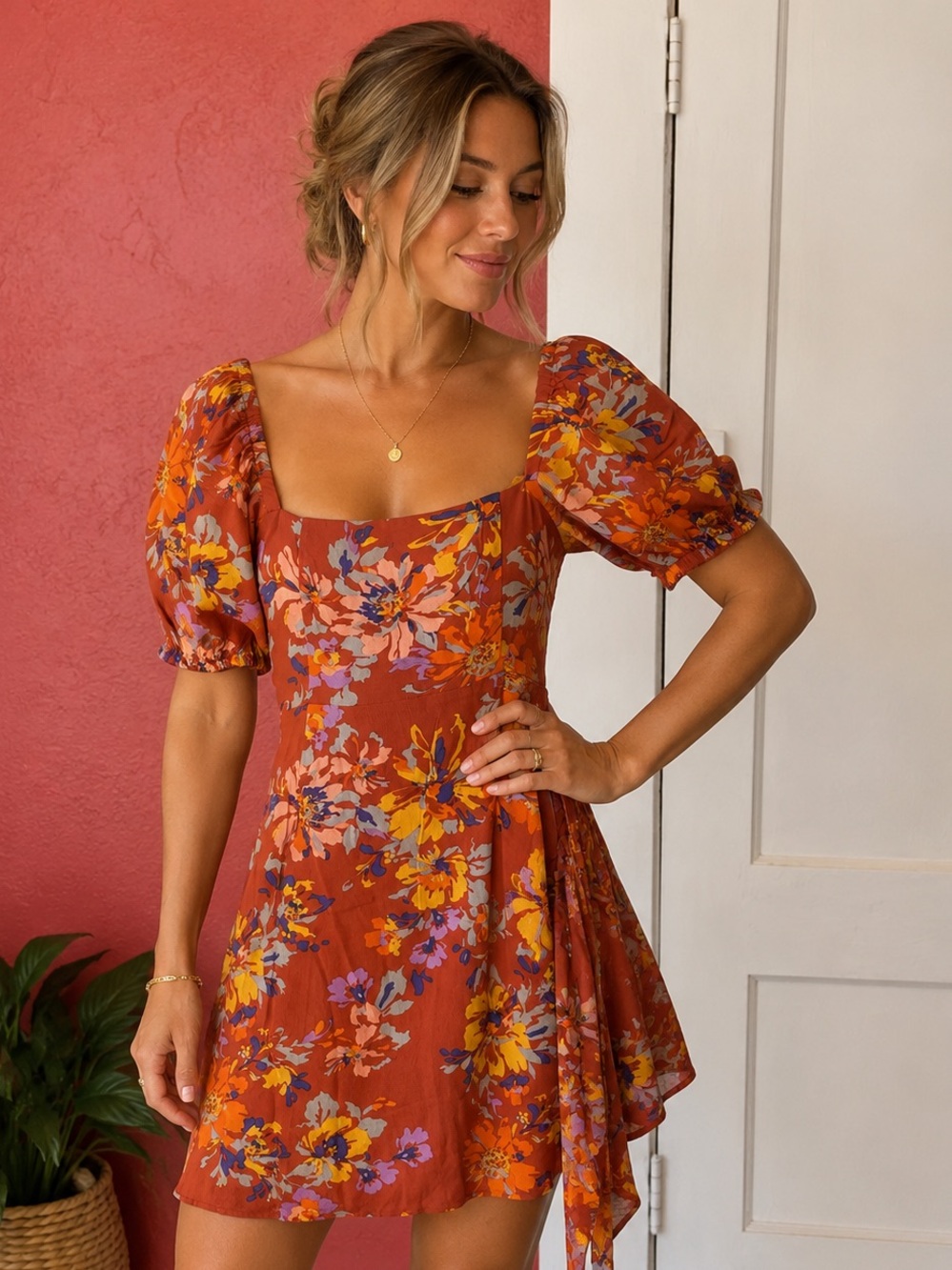 l*space Rust Floral Tie-Waist Mini Dress